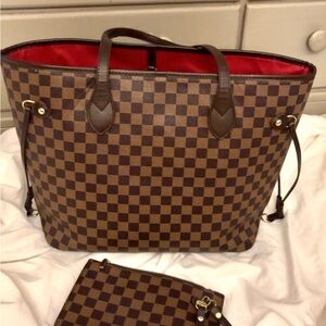 Brown Checkered Tote Bag with Red Interior & Matching Wristlet